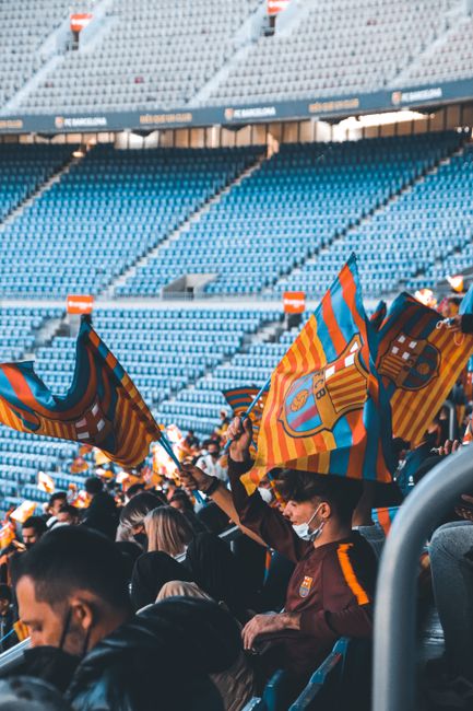 Football fans with flags and masks cheering in a vibrant stadium setting.